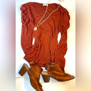 Paper Crane knit top with ribbing. Long sleeve. Brown/ orange/ burnt sienna